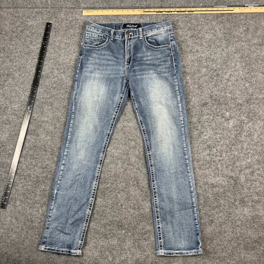 True Luck Jeans Mens Size 34 Blue Viscose Straight Leg Contrast Stitch Denim